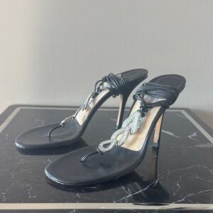 Jimmy Choo Rare thong Black Embellished Heels 39 with ankle wraps